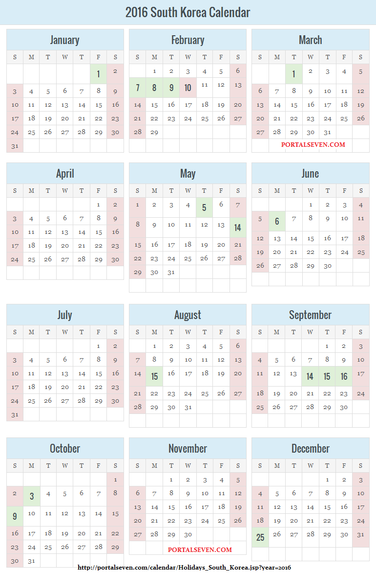 2016 South Korea Public Holidays Calendar